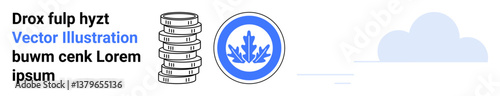 Stack of coins next to a maple leaf emblem in blue circle signifying financial stability, prosperity, nature. Ideal for banking, economics, savings, investments, business, finance simple landing