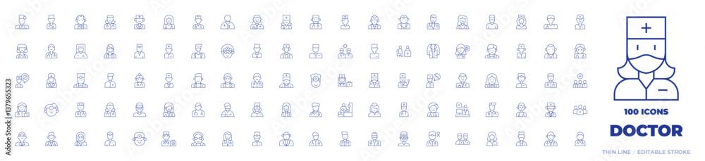 100 Doctor Icons Collection. Thin line icon. Editable stroke. doctor, doctors office, nurse, dentist, vet, medical team, doctor coat, health, dermatologist
