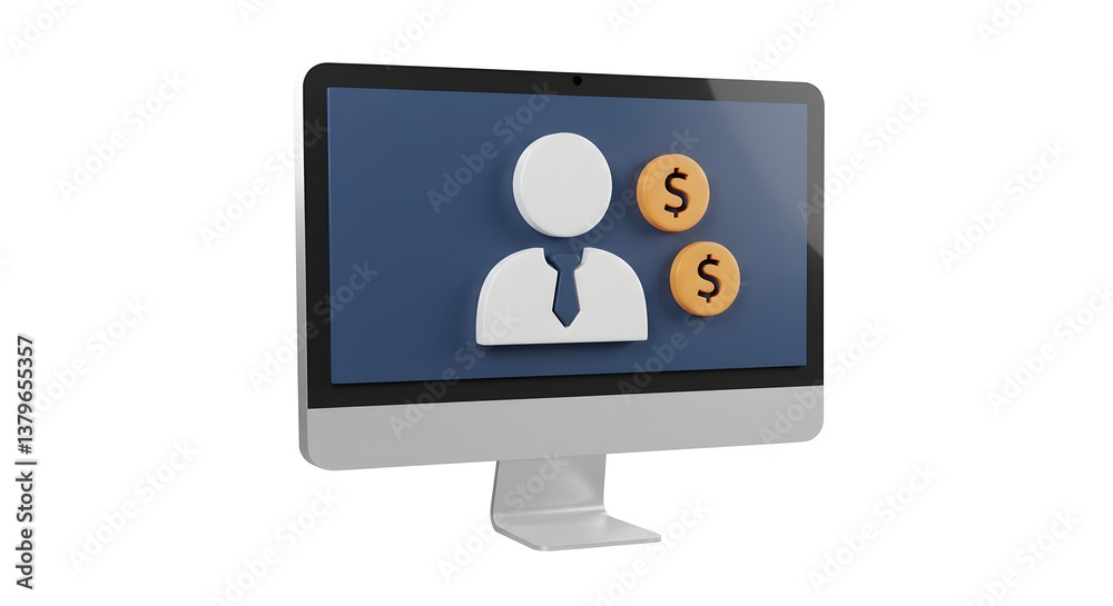 Computer screen displaying an icon of a person with dollar coins symbolizing online earning Computer screen displaying an icon of a person with dollar coins symbolizing online earning