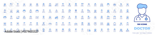 100 Doctor Icons Collection. Line Duotone style, editable stroke. doctor, medical team, dermatologist, doctors office, doctor coat, vet, surgeon, dentist, nurse