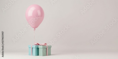 A Pink Balloon Gently Ascends Above Pastel Gift Boxes on a Light Background
