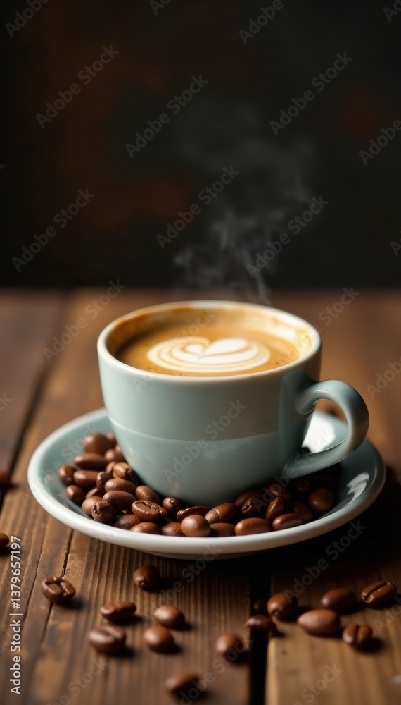 Fototapeta premium Espresso coffee cup surrounded by coffee beans on a rustic wooden table, antique, rustic