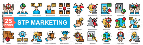 STP Marketing icon sheet vector concept with target market, segmentation, customer behavior, recommendation, market positioning, crm, marketing strategy, promotion application, segmentation, customer