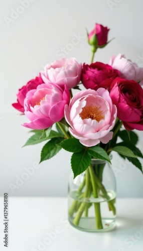 Wallpaper Mural Fresh peonies and roses in a vase on white background, beautiful arrangement , table setting, roses Torontodigital.ca