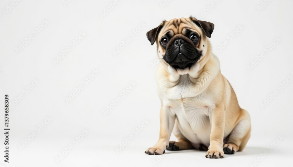 Adorable pug dog sits alone, white background, isolated, portrait, content Adorable pug dog sits alone, white background, isolated, portrait, content
