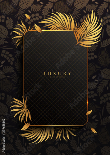 Elegant black gold background with Islamic inspired golden leaf pattern and rectangular frames. Ideal for Diwali wallpaper, invitation card, web templates, vector art, not AI-generated.