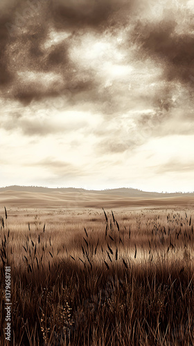 Sepia Toned Landscape of a Vast Field Under an Overcast Sky photo