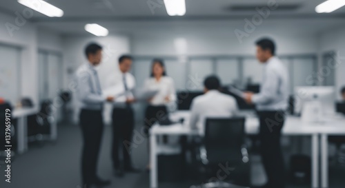 Busy office workspace with professionals focused on individual tasks and group discussions, perfect for productivity, efficiency, and workplace productivity themes.