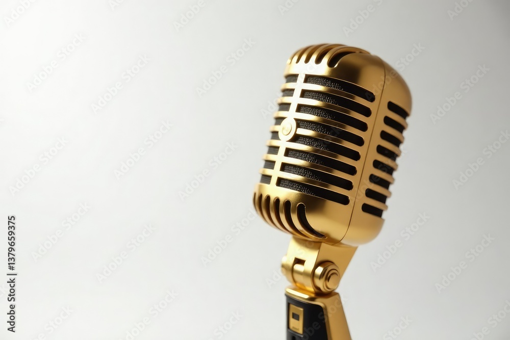 Fototapeta premium Close-up shot of a single gold microphone on white background, style, object