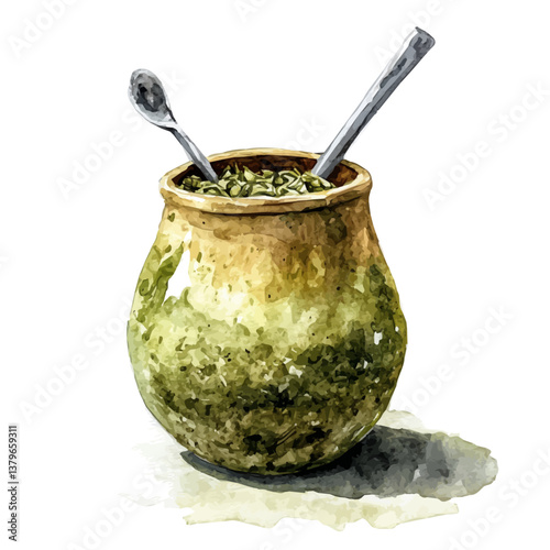 A watercolor vector illustration of Yerba Mate, isolated on a white background.

