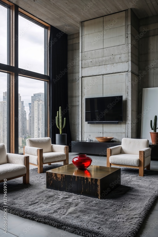 Fototapeta premium Generative AI, Modern concrete living room with boucle chairs and red vase