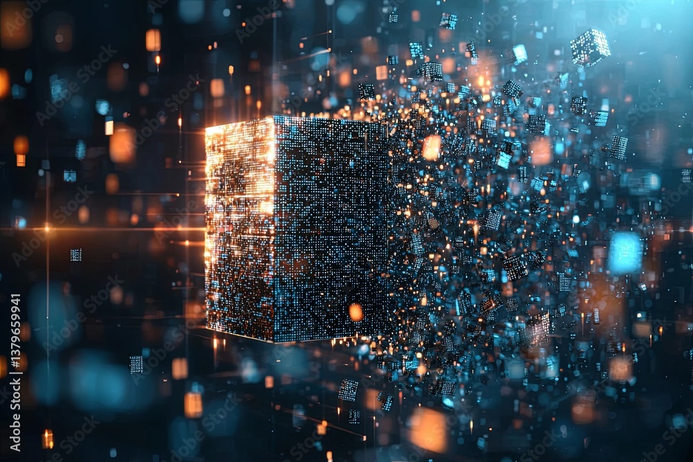 Fototapeta premium A colossal blockchain block, a symbol of digital security, slowly disintegrates into a multitude of smaller, cube-shaped units, symbolizing the decentralized and fragment