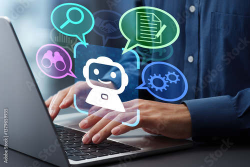 AI agent robot supporting business processes with automation technology. Generative artificial intelligence analyzing data and generating reports. Businessman using laptop computer.