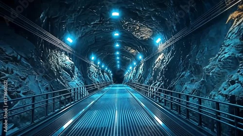 Blue Lit Underground Tunnel with Moving Walkway