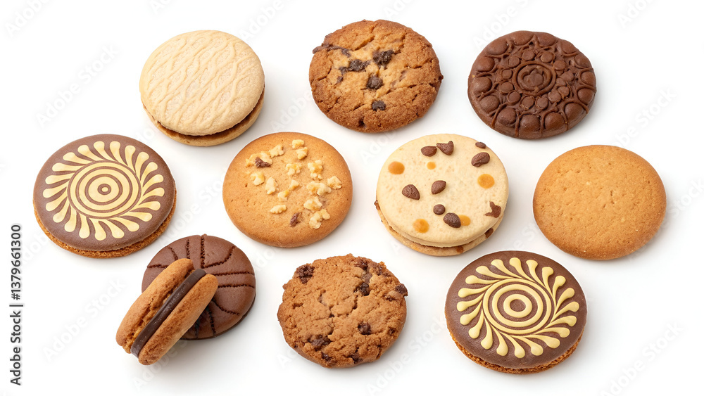 Variety of Round Cookies and Biscuits – Classic, Nut-Based, and Patterned Designs on White Background Variety of Round Cookies and Biscuits – Classic, Nut-Based, and Patterned Designs on White Background