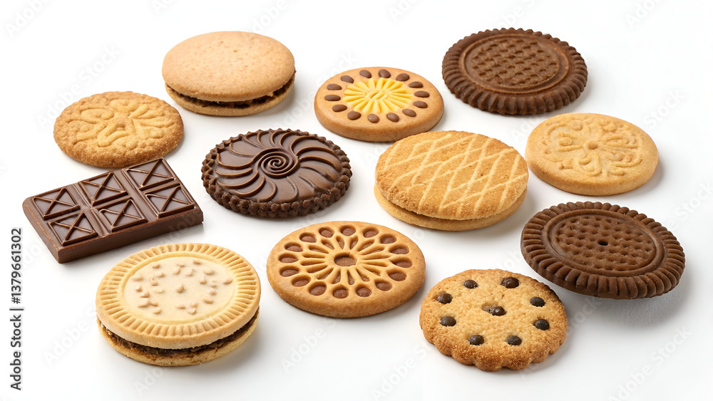 Variety of Round Cookies and Biscuits – Classic, Nut-Based, and Patterned Designs on White Background Variety of Round Cookies and Biscuits – Classic, Nut-Based, and Patterned Designs on White Background