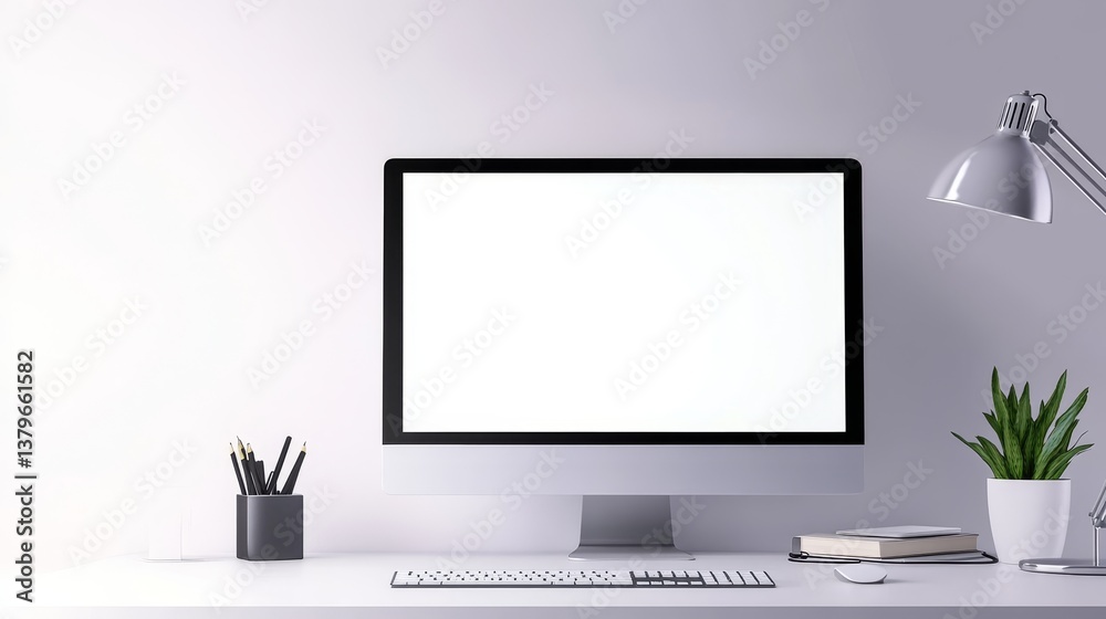 Fototapeta premium Modern workspace featuring a sleek computer, minimalist decor, and a potted plant on a desk