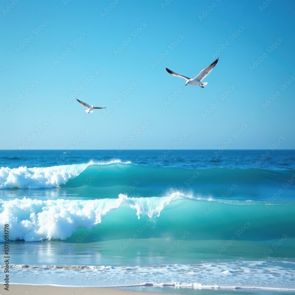 Naklejka premium Ocean waves on a calm blue striped background with seagulls flying in the distance , nature, gulls