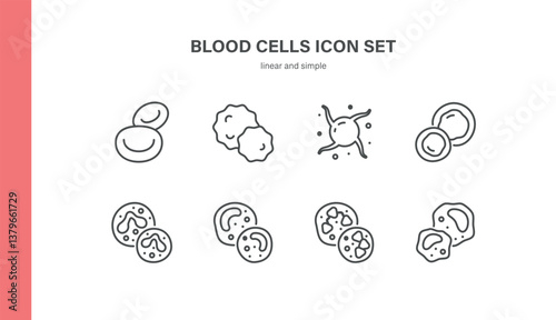 Blood Cells Vector Icons Set. Editable Linear Illustrations of Red, White, Platelet Cells, Lymphocytes, Monocytes, Granulocytes and Hematology Elements