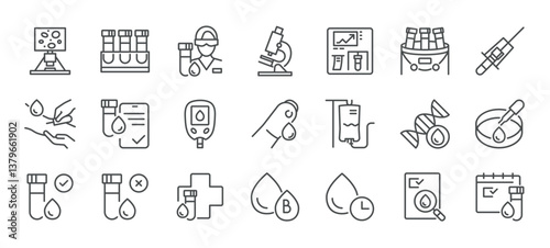 Medical Laboratory and Blood Testing Icons Set. Thin Linear Illustrations of Technician, Microscope, DNA, Injection, Glucose Meter, Sample Vials, Petri Dish, Magnifier, Calendar and Report

