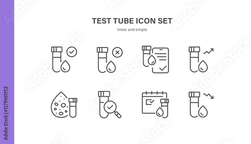 Test Tube Icons Set. Thin Linear Vector Illustrations of Blood Vials, Positive and Negative Results, Reports, Growth Chart, Calendar, Microscope and Drop Analysis