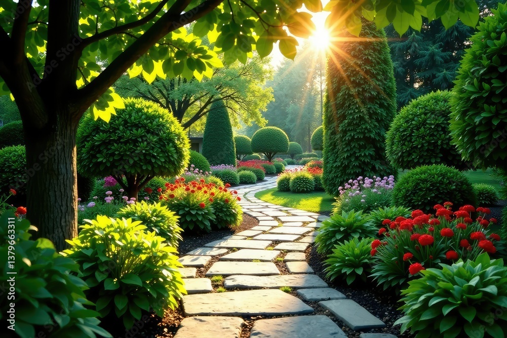 Stone pathway winding through garden, sun dappled leaves , landscape, trail Stone pathway winding through garden, sun dappled leaves , landscape, trail