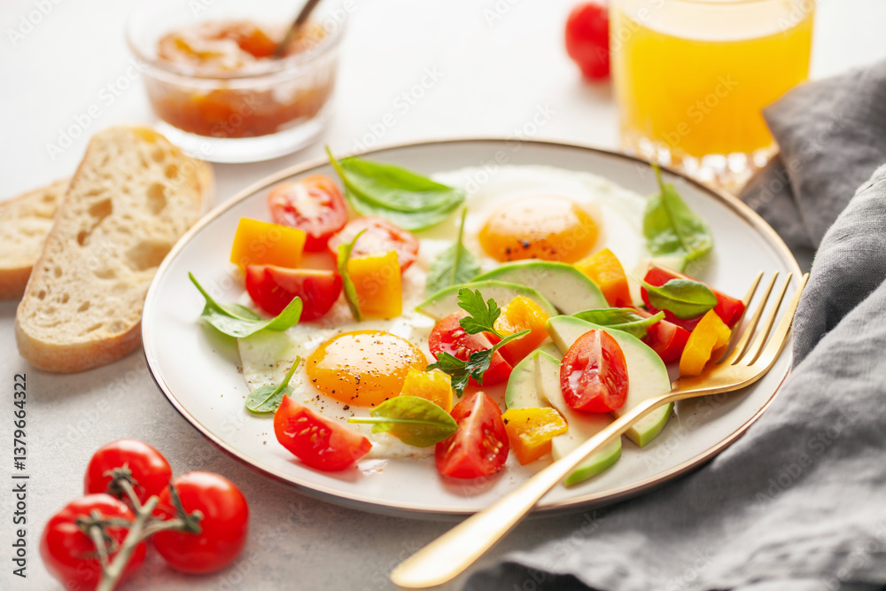 Healthy breakfast. Fried eggs and vegetables - cherry tomatoes, avocado slices, spinach leaves, sweet pepper and parsley in plate on the table Healthy breakfast. Fried eggs and vegetables - cherry tomatoes, avocado slices, spinach leaves, sweet pepper and parsley in plate on the table