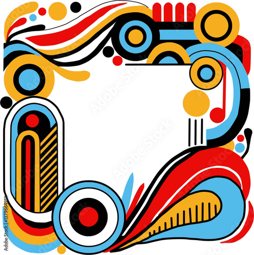 Colorful abstract geometric frame design with curved lines, circles, and bold shapes in red, blue, yellow, and black. 