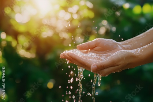 Holding Fresh Water in Hands with Sunlight and Green Nature