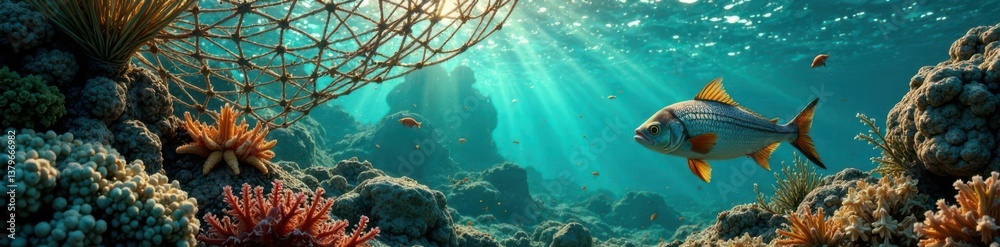 Fototapeta premium Vintage fishing net with fish and sea creatures inside , fish, marine life