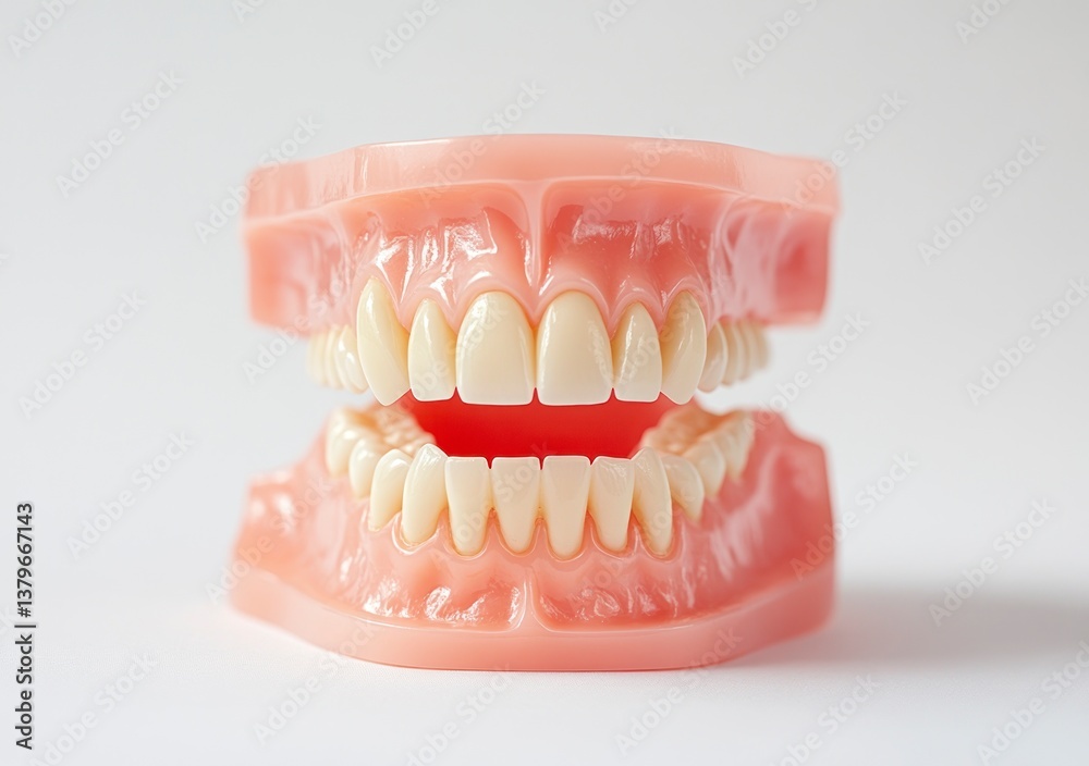 Viewing Model Dentures Showing Full Set of Teeth on White Background Viewing Model Dentures Showing Full Set of Teeth on White Background