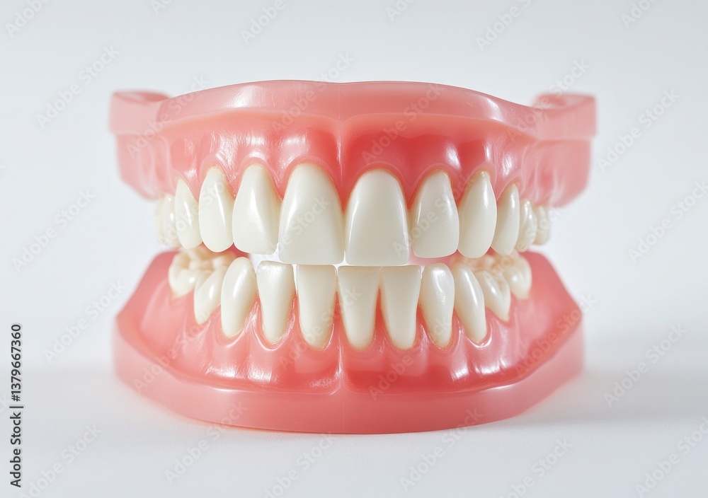Dentures Full Set with Pink Gums and White Teeth on Display Dentures Full Set with Pink Gums and White Teeth on Display