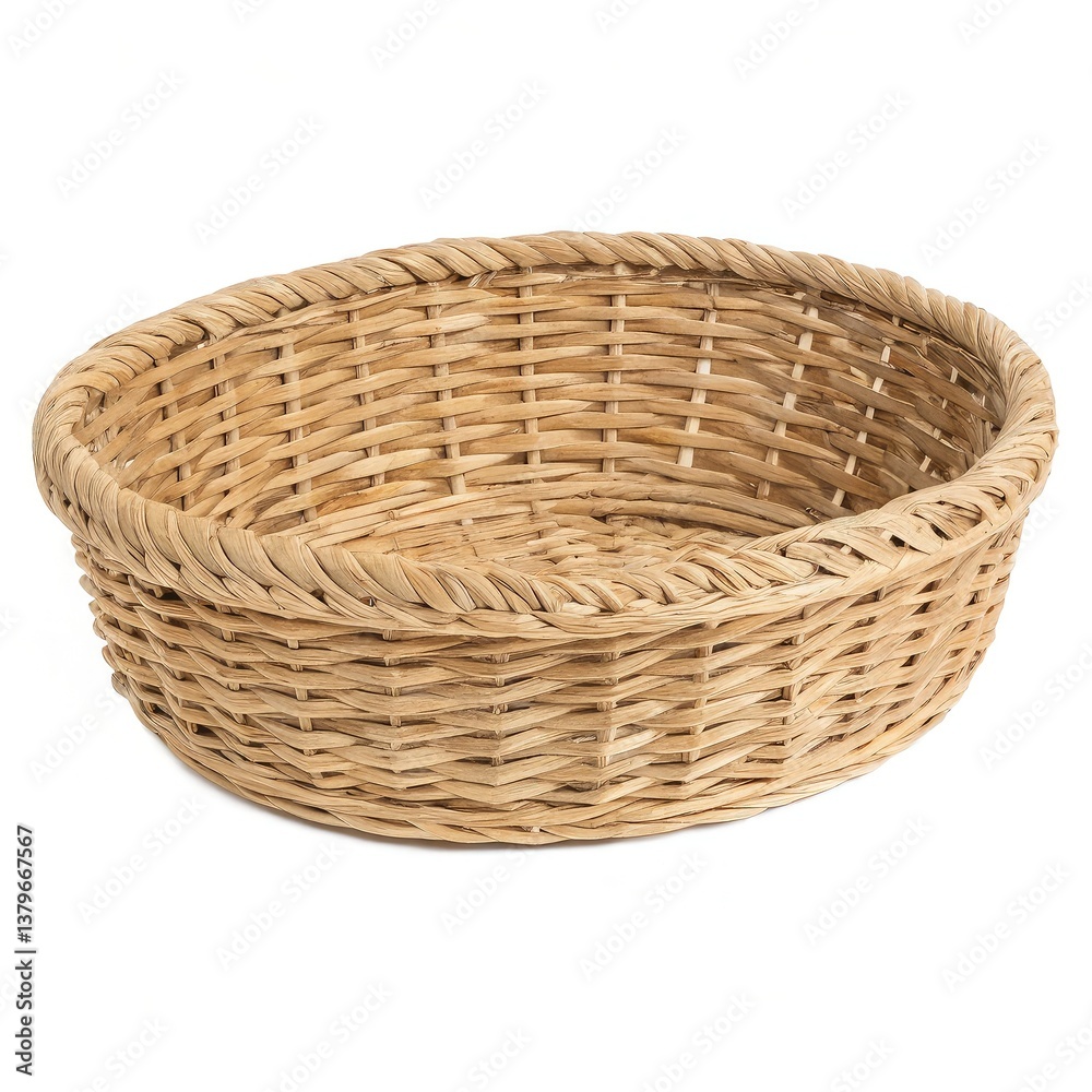 A round, woven wicker basket perfect for storing items or serving food. Its natural texture adds a rustic touch to any space, ideal for home organization. A round, woven wicker basket perfect for storing items or serving food. Its natural texture adds a rustic touch to any space, ideal for home organization.
