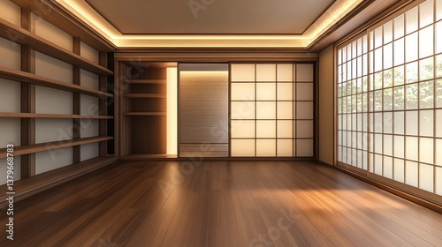 Entering Minimalist Japanese Room with Natural Lighting From Large Paper Window