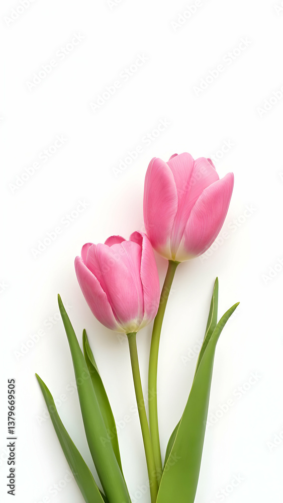 Fototapeta premium Two delicate pink tulips with vibrant green leaves, elegantly arranged against a clean white backdrop. A close-up showcasing the blooms' soft petals.