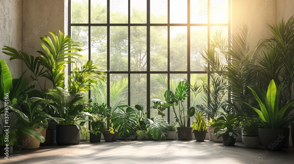 Sunlit interior adorned with lush greenery and a serene ambiance Sunlit interior adorned with lush greenery and a serene ambiance