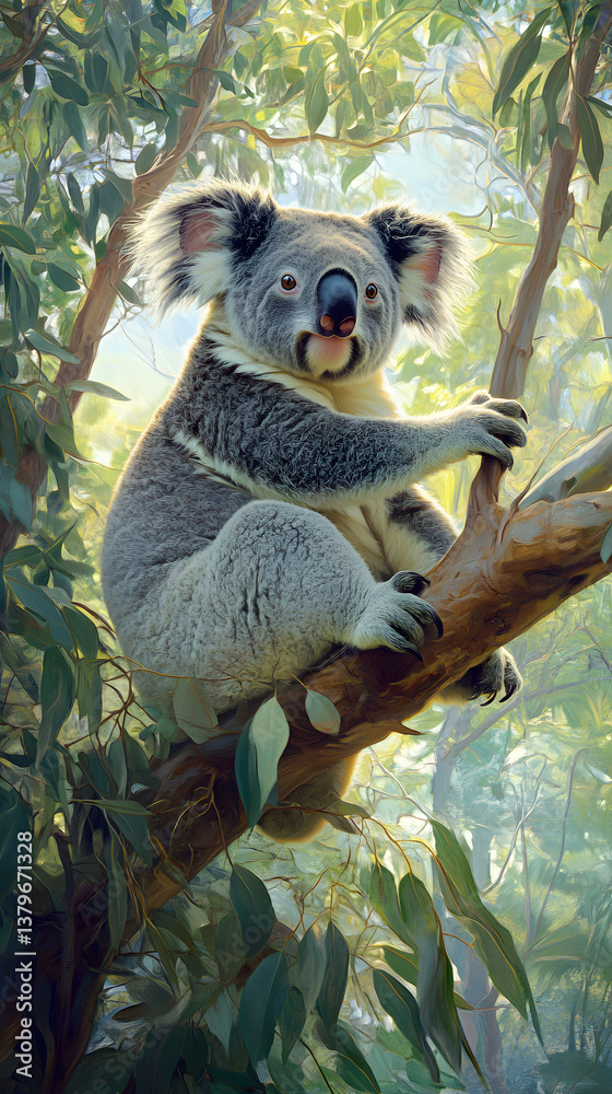 Fototapeta premium Tranquil Koala in Serene Eucalyptus Forest, Embodying Nature's Harmony and Gentle Spirit