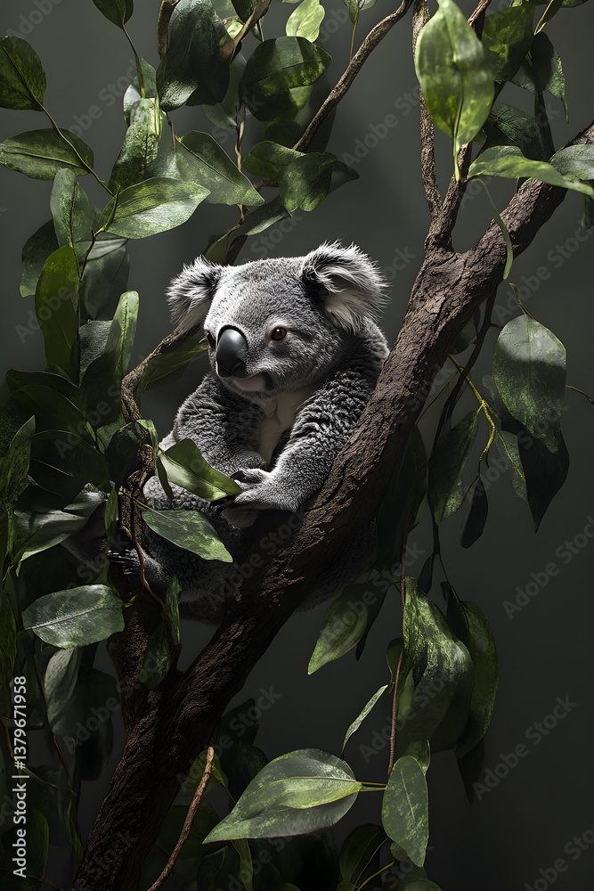 Fototapeta premium Tranquil Koala in Serene Eucalyptus Forest, Embodying Nature's Harmony and Gentle Spirit