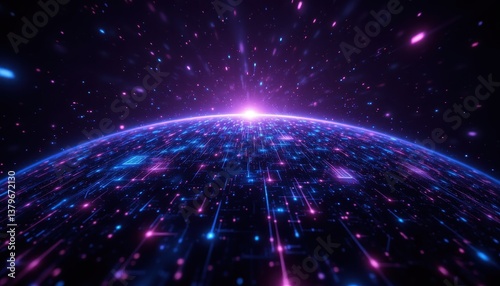 A visually striking and futuristic digital illustration depicting a network of glowing connections spread out over a stylized glob
