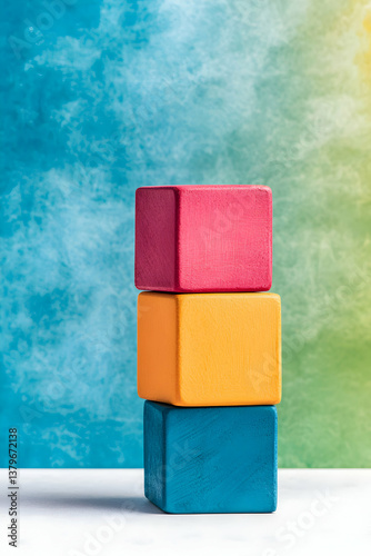 Stack of Three Textured Cubes in Red Yellow and Blue Against a Blue and Green Background