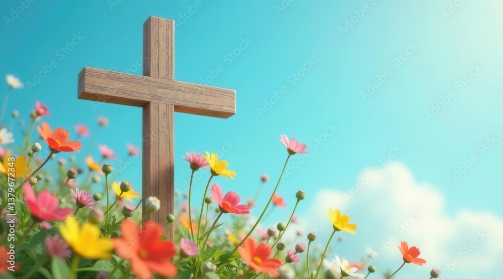Wooden Cross in a Field of Blossoming Flowers Under a Serene Sky Wooden Cross in a Field of Blossoming Flowers Under a Serene Sky