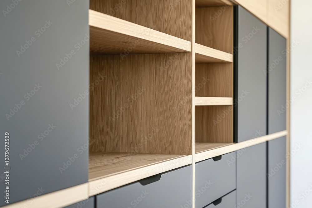 Fototapeta premium Modern Built-in Cabinet Featuring Open Shelves and Drawers for Storage