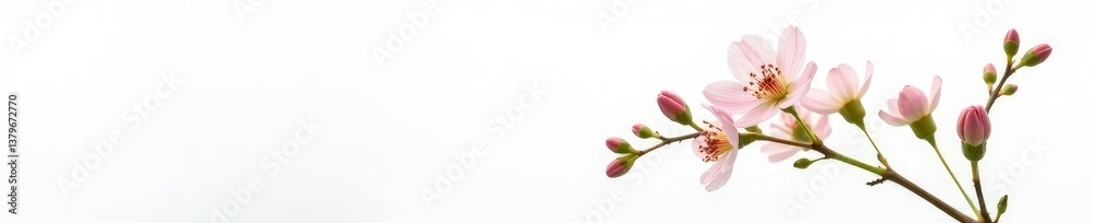 Fototapeta premium Single stem with delicate flowers on white background, botanical, foliage, blossoms
