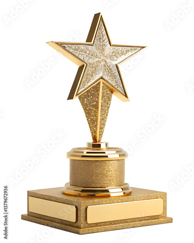 Award victory trophy cup with golden stars, top view. Success and victory concept. transparent background