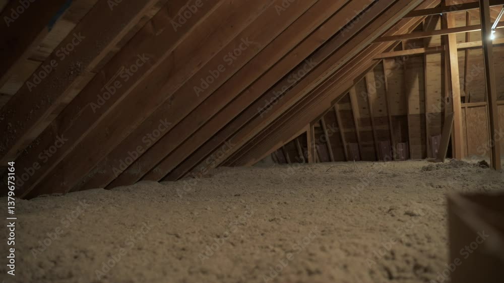 Home attic under construction featuring wooden roof framing and eco-friendly insulation.