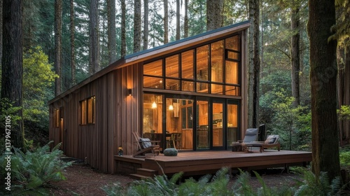 A cozy wooden cabin with a modern touch, enveloped by towering trees and soft sunlight filtering through.