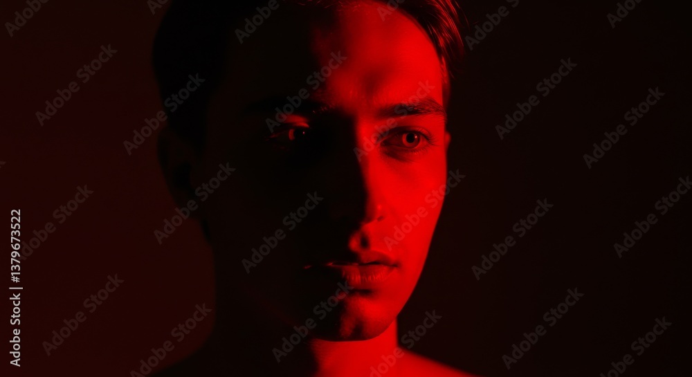 Young man expressing contemplation in dramatic red lighting Young man expressing contemplation in dramatic red lighting