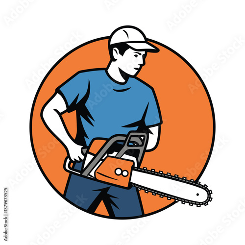 Chainsaw-wielding worker with vibrant orange background