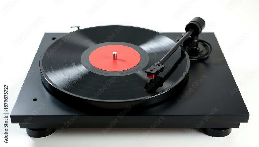Fototapeta premium Turntable with vinyl record, isolated on white backdrop, white, needle, background