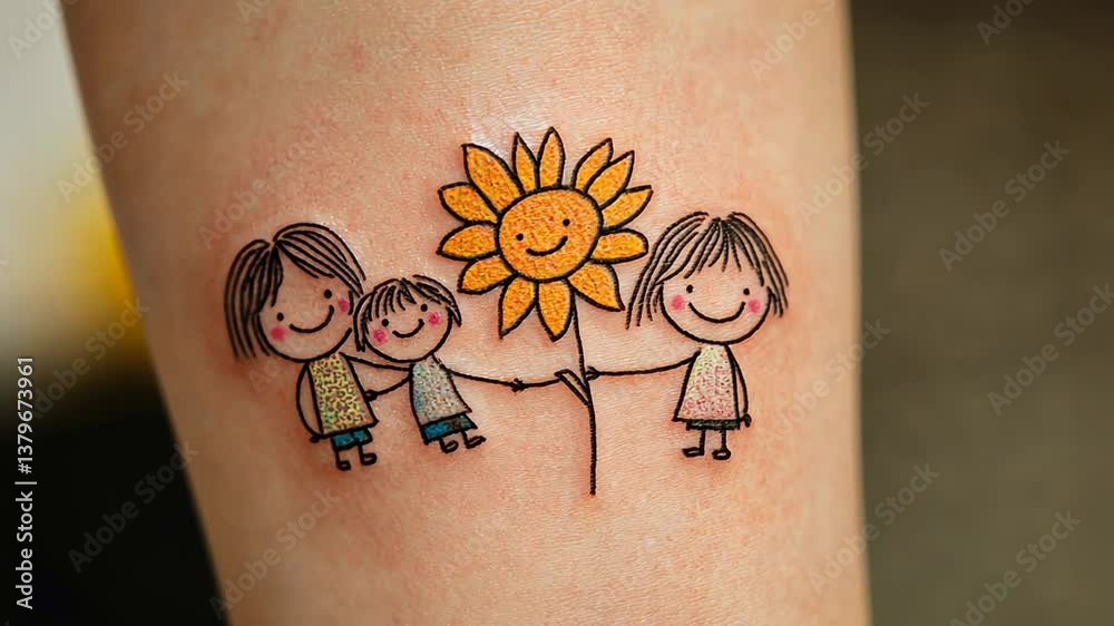 A cute family tattoo of three stick figure people holding hands around a sunflower.